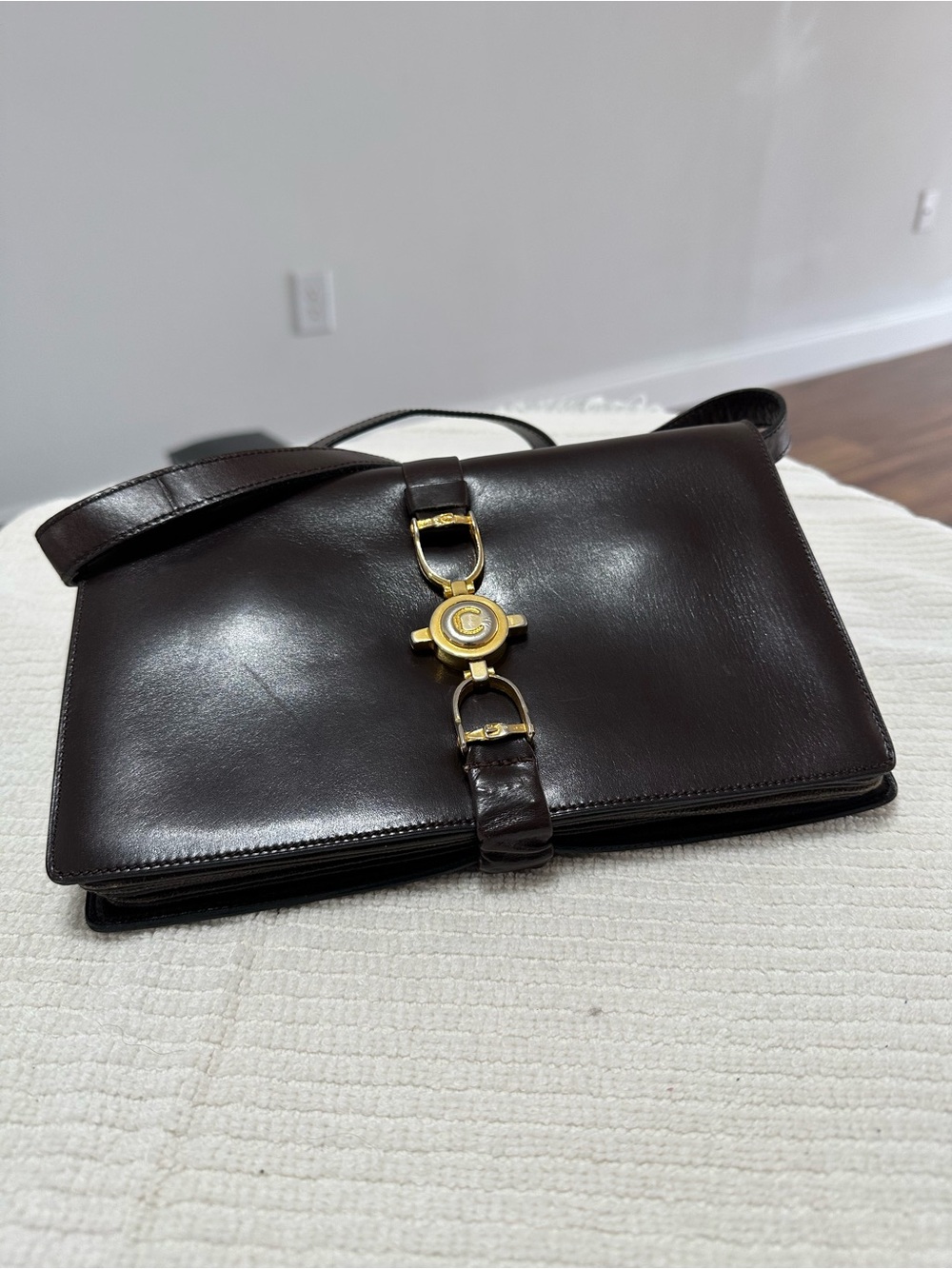 Celine Chocolate Brown Leather Shoulder Bag with Gold Hardware